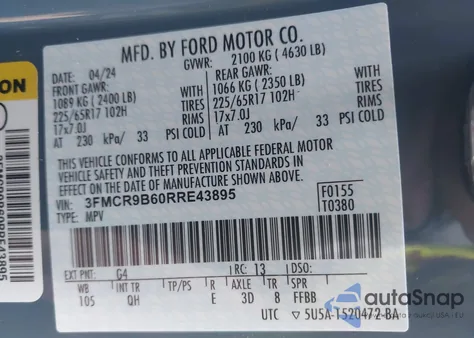 2024 Ford Bronco Sport Big Bend из США, поврежденный, VIN 3FMCR9B60RRE43895